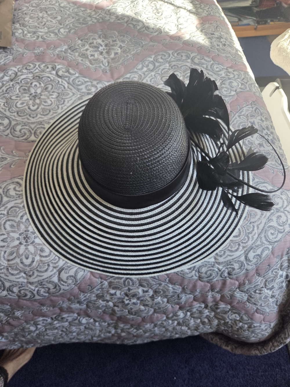 San Diego Hat Company Black and White Striped Wide-Brim Hat with Feather Detail